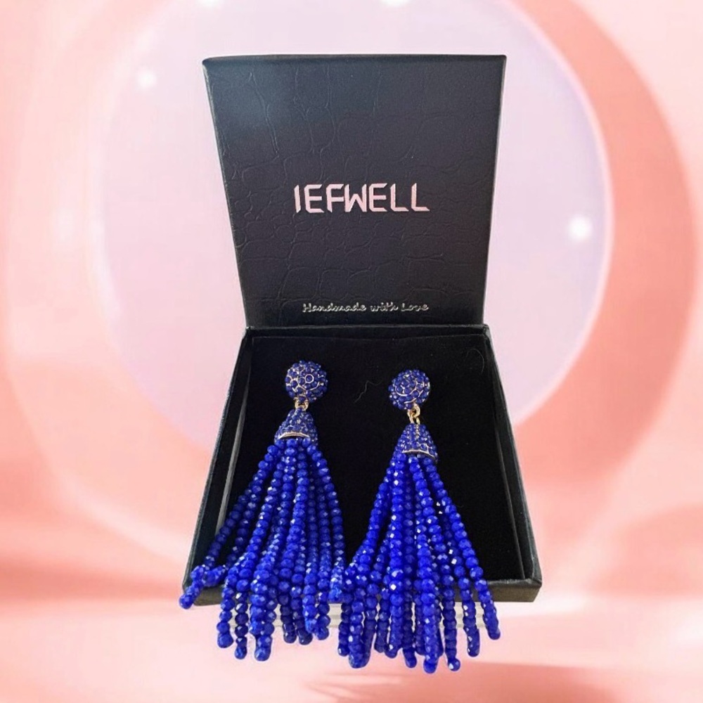 Iefwell Beautiful Blue Beaded Tassel Earrings